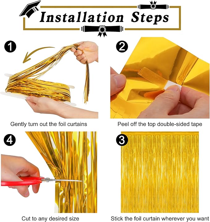 12 Pack 2025 Graduation Decorations, 3.28 FT x 7.05 FT Gold Backdrop Curtains, Metallic Class of 2025 Backdrop Fringe Curtains Foil Streamer, Gold Grad Decorations 2025 Party Supplies