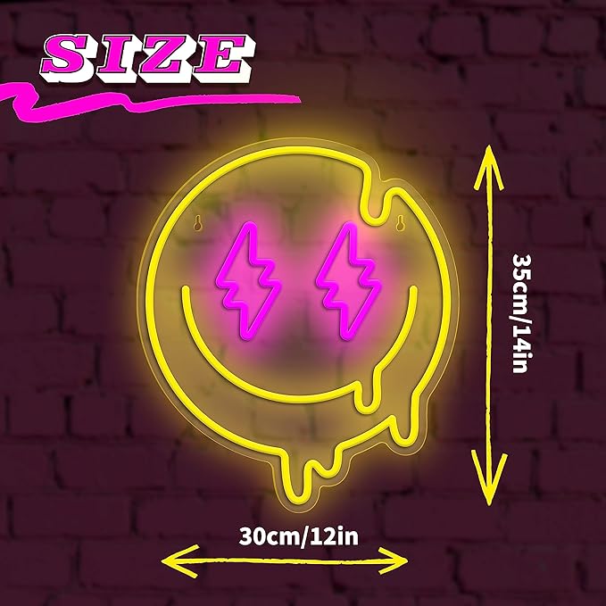 Melting Smile Face Neon Sign Dimmable Melted Smiling Face Neon Signs for Wall Decor Neon Smile Light Signs for Kids Room Party Bedroom Wall Art Decor USB Powered Holiday Gift