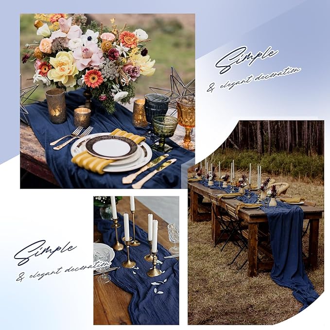 Aktor 4 Pack Navy Blue Table Runner Boho Cheesecloth Table Runner Semi Sheer Gauze Fabric Runners for Wedding Birthday Baby Shower Party Boho Table Decoration（Navy Blue）