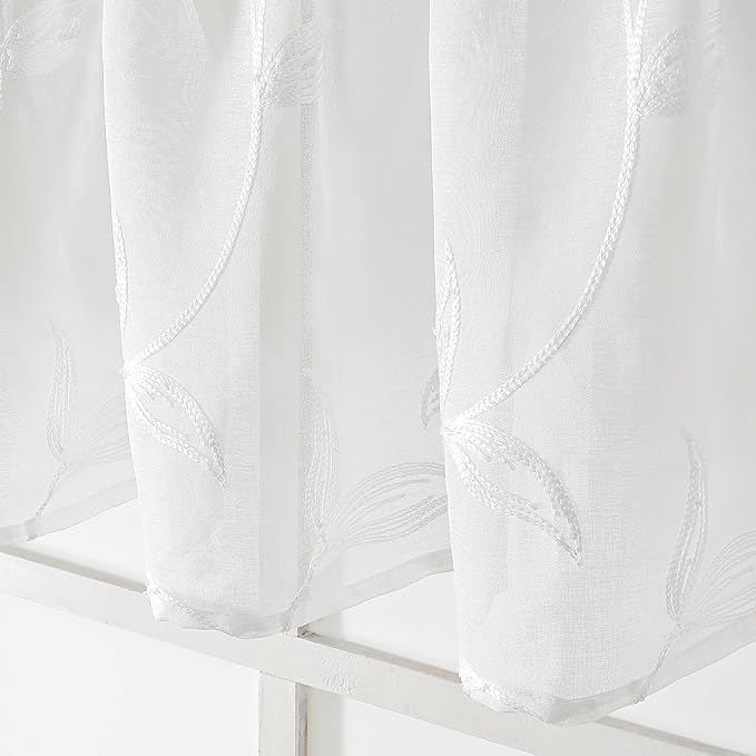 VISIONTEX White Sheer Voile Curtains, Decorative Leaves Embroidery Faux Linen Rod Pocket Window Drapes for Home Kitchen, Living Room and Bedroom 26 x 36 Inch, Set of 2 Curtain Panels