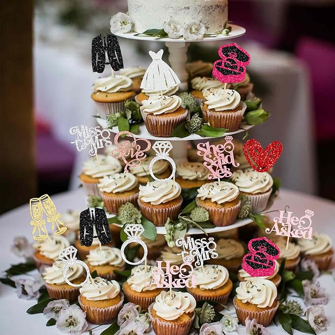 Gyufise 30Pcs She Said Yes Cupcake Toppers Glitter Diamond Ring I Do Love Cupcake Picks Miss to Mrs He Asked Bridal Shower Wedding Engagement Bachelorette Cake Decoration Multicolor