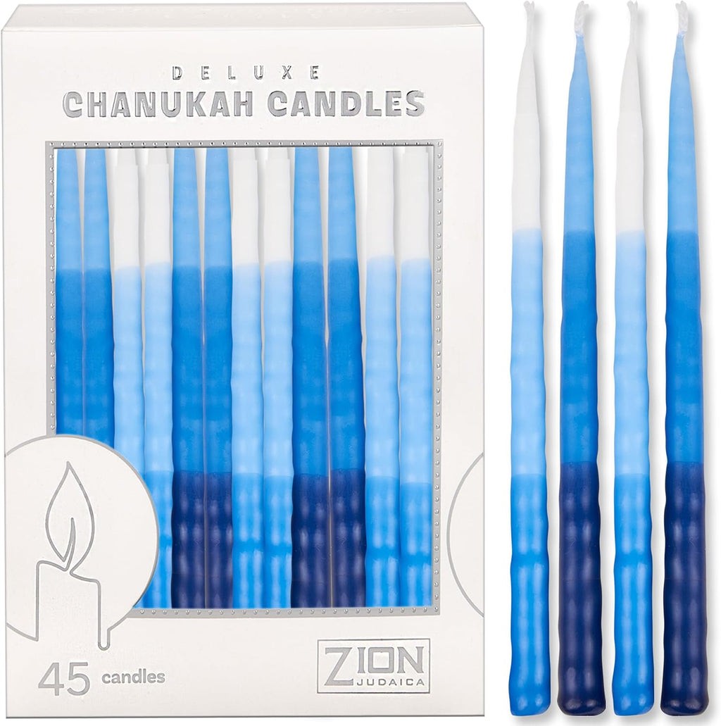Hanukkah Candles for Menorah Box of 45 Tri-Color Blue Tapered Ribbed Style Quality Wax with Prayer Card & DIY Dreidel - Fits Standard Menorahs – Enough for All 8 Nights - by Zion Judaica