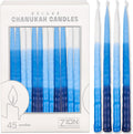 Hanukkah Candles for Menorah Box of 45 Tri-Color Blue Tapered Ribbed Style Quality Wax with Prayer Card & DIY Dreidel - Fits Standard Menorahs – Enough for All 8 Nights - by Zion Judaica