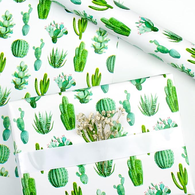 WRAPAHOLIC Reversible Cactus Wrapping Paper - Mini Roll - 17 Inch X 33 Feet - Watercolor Green Cactus Hawaii Wrapping Paper for Birthday, Wedding, Bridal Shower, Baby Shower