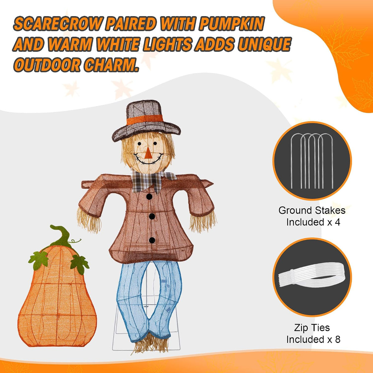 Glitzhome 4FT Fall Lighted Outdoor Scarecrow Decor, 2-Piece Pre-lit 2.5D Scar...