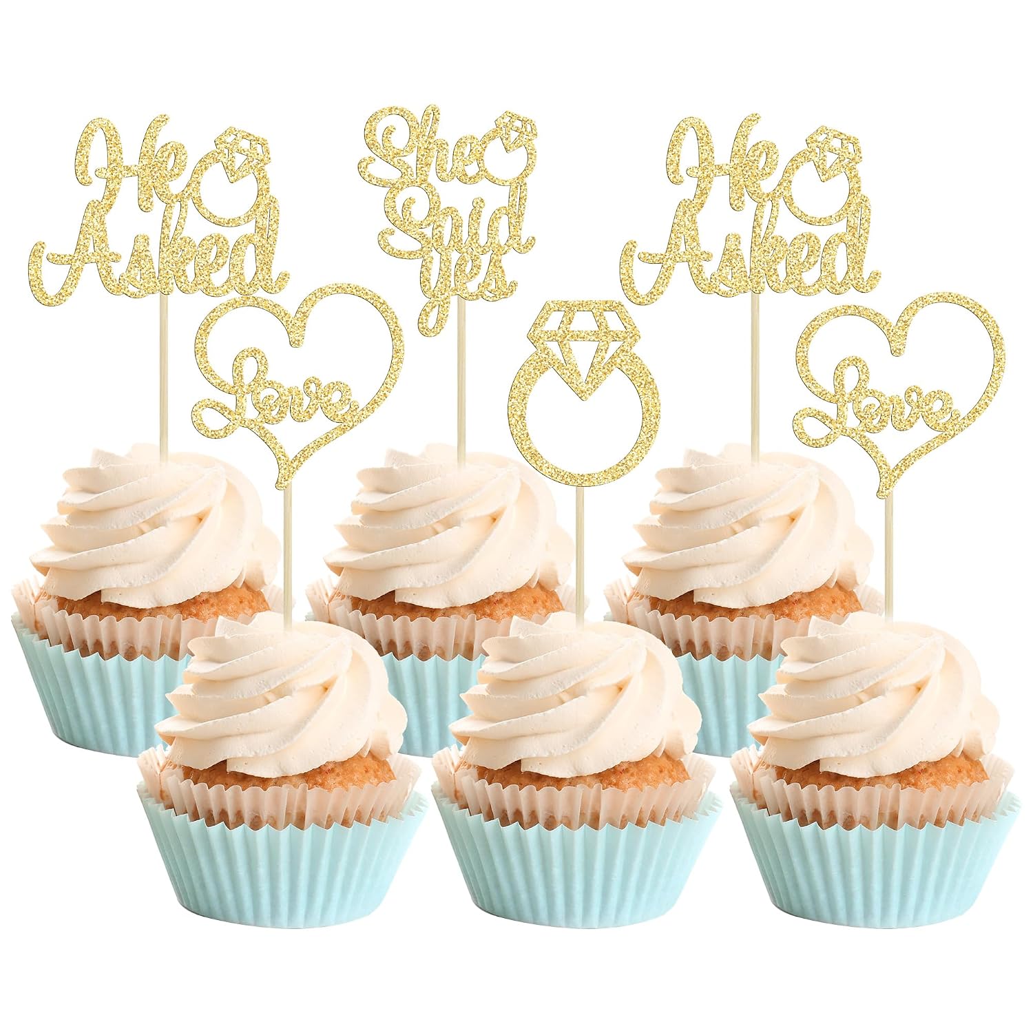 Gyufise He Asked She Said Yes Cupcake Toppers Gold Glitter Diamond Ring Heart Love Cake Picks for Wedding Engagement Party Cake Decorations 24 Pack