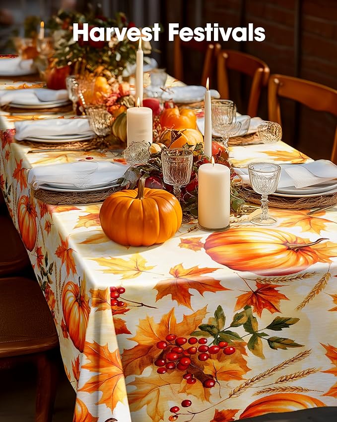 Pureegg Plastic Table Cloth Disposable 10 Pack, 54 x 108 Inch Table Cloths, Thanksgiving Decorations, Harvest Party, Fall Tablecloths, Rectangle Tables, Leakproof & Sturdy, Pumpkin Harvest