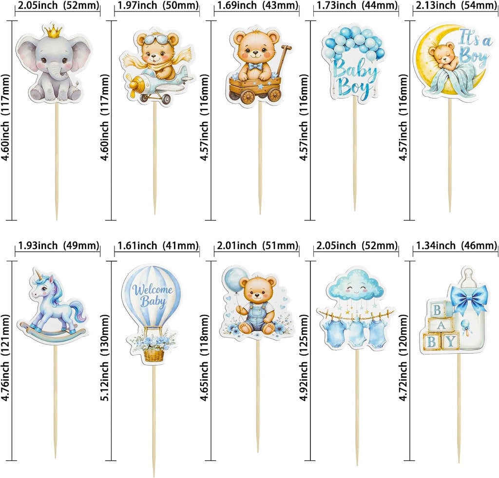Gyufise 40Pcs Baby Girl Cupcake Toppers Baby Shower Decorations for Girls Rainbow Balloon Elephant Bear It's a Boy Cupcake Picks for Baby Shower Birthday Party Supplies Blue White