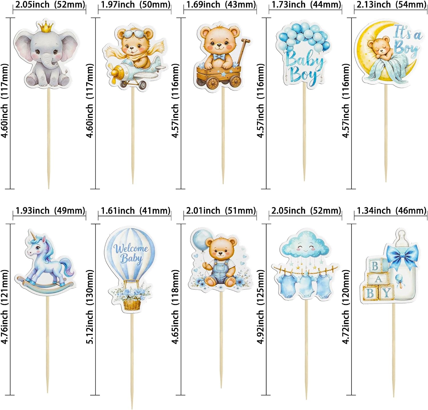Gyufise 40Pcs Baby Girl Cupcake Toppers Baby Shower Decorations for Girls Rainbow Balloon Elephant Bear It's a Boy Cupcake Picks for Baby Shower Birthday Party Supplies Blue White