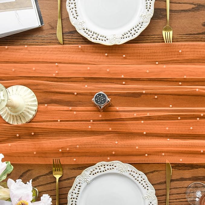 Artoid Mode Pearl Orange Gauze Table Runner 120 Inch 10FT, Seasonal Sheer Dining Holiday Wedding Birthday Baby Shower Table Decor for Home Party