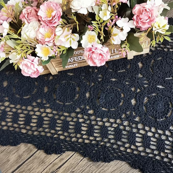 Phantomon Lace Table Runner Rectangular Table Cover Cloth Handmade Crochet Floral Placemats 100% Cotton (Floral Black, 15x39Inch)