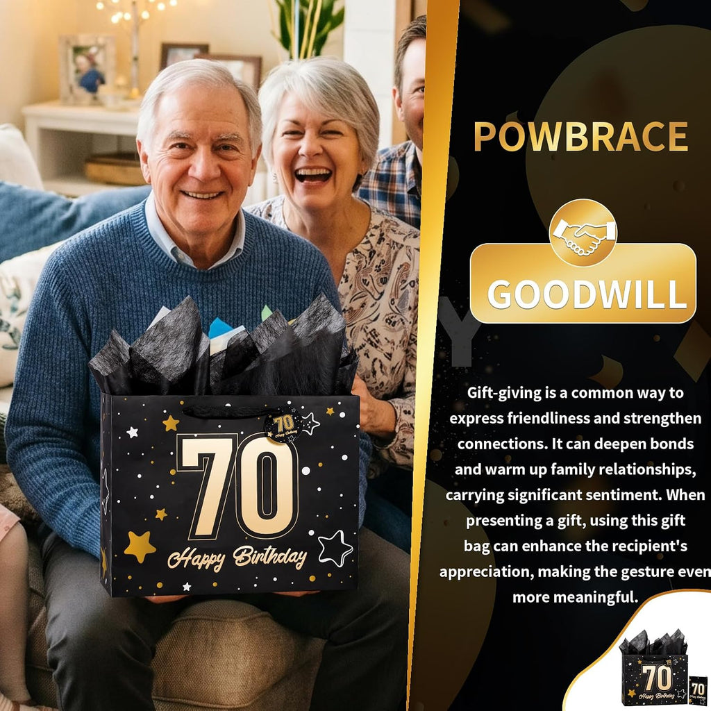 Powbrace 13" Black 70th Birthday Gift Bag with Tissue Paper and Greeting Card for Party,Happy Birthday Gift Bag for Men Women,Gift Bags Medium size(1 Black 70th)