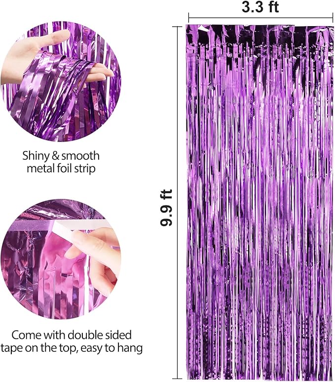 Crosize 2 Pack 3.3 x 9.9 ft Purple Foil Fringe Backdrop Curtain, Streamer Backdrop Curtains, Streamers Birthday Party Decorations, Tinsel Curtain for Parties, Galentines Decor, Preppy, Photo Booth