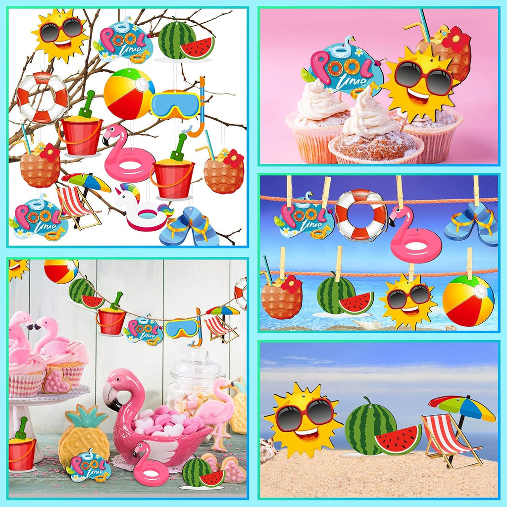 Chunful 36 Pieces Summer Tree Ornaments Christmas in July Wood Hanging Decoration Beach Wooden Slices Winter Tree Ornaments with String for Luau Hawaiian Party Supplies (Pool Style)