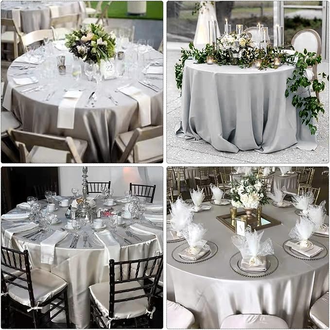12 Pack 120 Inch Silver Satin Tablecloth - Premium Bright Silky Round Tablecloth Overlay Smooth Fabric Table Cover, Table Decoration for Wedding Party Banquet Events Restaurant Kitchen Dining