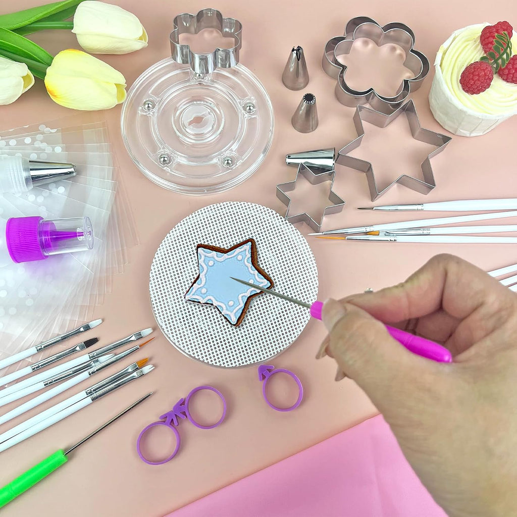 112 PCS Cookie Decorating Kit Supplies Including Acrylic Turntable Brushes Scribe Needle Bags Icing Bottle for Cookie Cupcake Cake Decoration