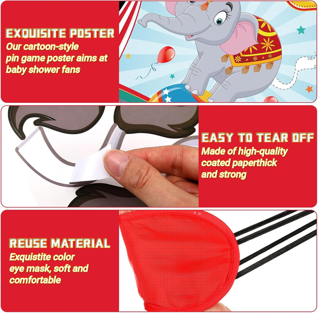 Faccito Carnival Circus Party Games Pin The Stickers on The Large Poster with 24 Pcs Stickers Blindfold Carnival Pin Game Set for Circus Birthday Party Decorations Activities Supplies(Elephant)