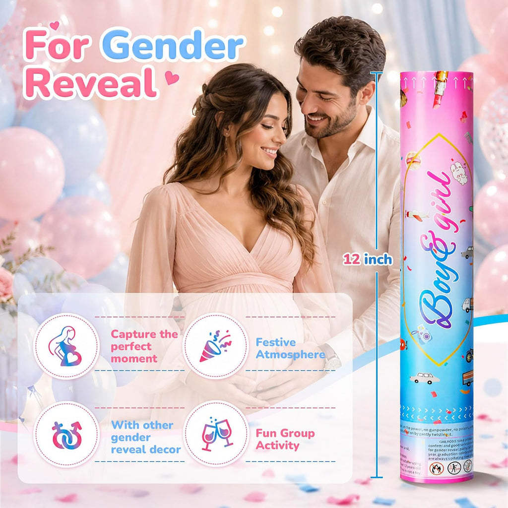 GAILROSO Gender Reveal Confetti Cannon,Corn Powder Party Poppers 4pack | 12 inch 2 blue 2 pink Biodegradable poppers with safety net,shoots 20-25ft,easy use for Baby Shower,Gender Reveal Party