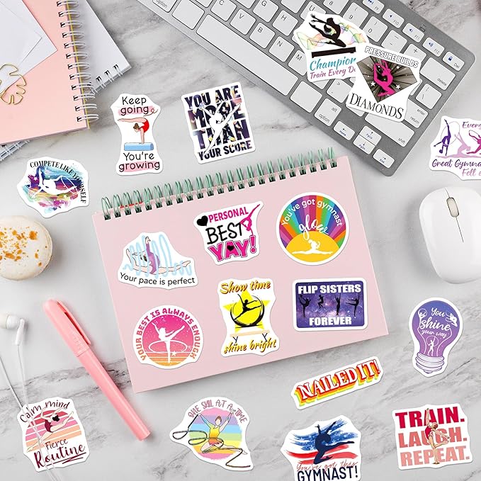 200PCS Gymnastics Stickers for Girls, Motivational Gymnastics Vinyl Stickers for Laptops Water Bottles Notebooks Goodie Bags Party Favors Team Rewards