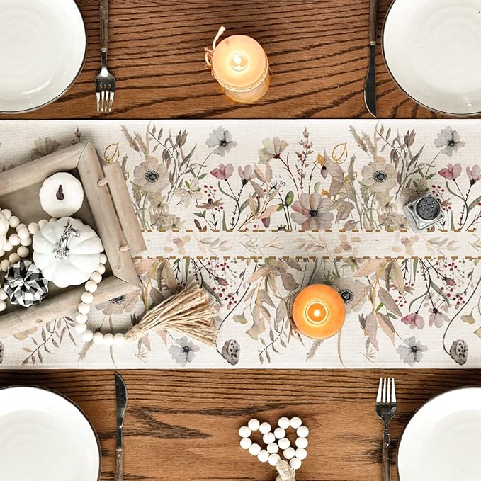 Artoid Mode Wildflower Leaves Floral Fall Table Runner, Autumn Thanksgiving Kitchen Dining Table Decoration for Indoor Outdoor Home Party 13x90 Inch