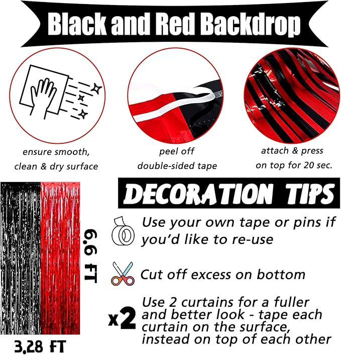 4 Pack 3.2Ft x 6.6Ft Black Red Fringe Curtain Backdrop, Metallic Tinsel Foil Fringe Streamers Curtains Background for Photo Booth Wedding Casino Viva Las Vegas Game Night Birthday Party Decorations