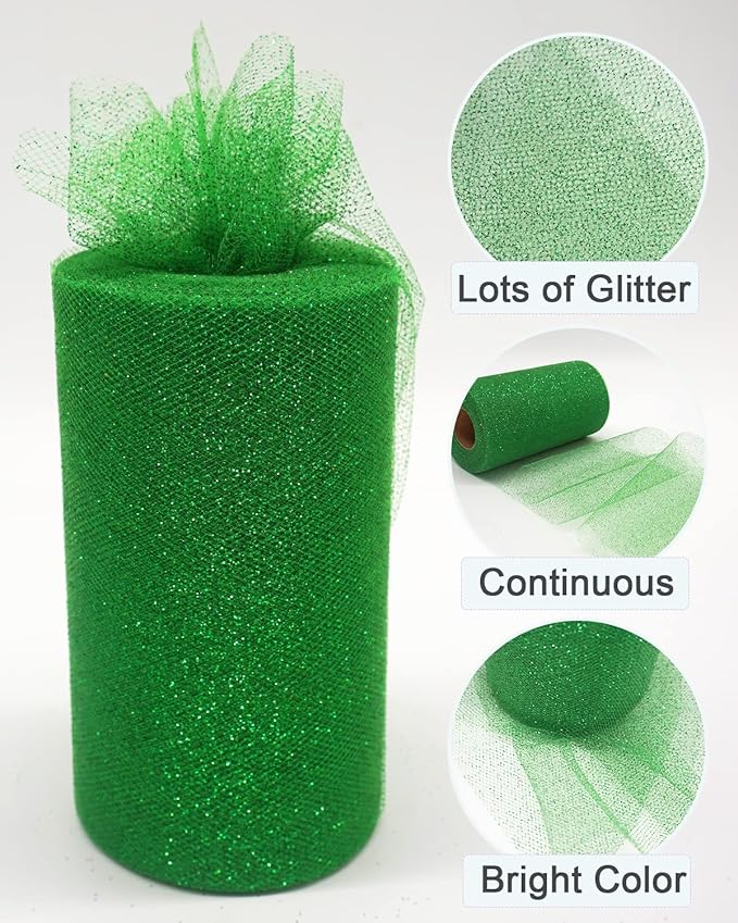 Glitter Tulle Fabric Rolls, 6 Inch 50 Yards (150ft) Sparkling Spool Ribbon Sequin Netting for Tutu Skirt Gift Wrapping Wedding Party Decoration (Emerald Green)