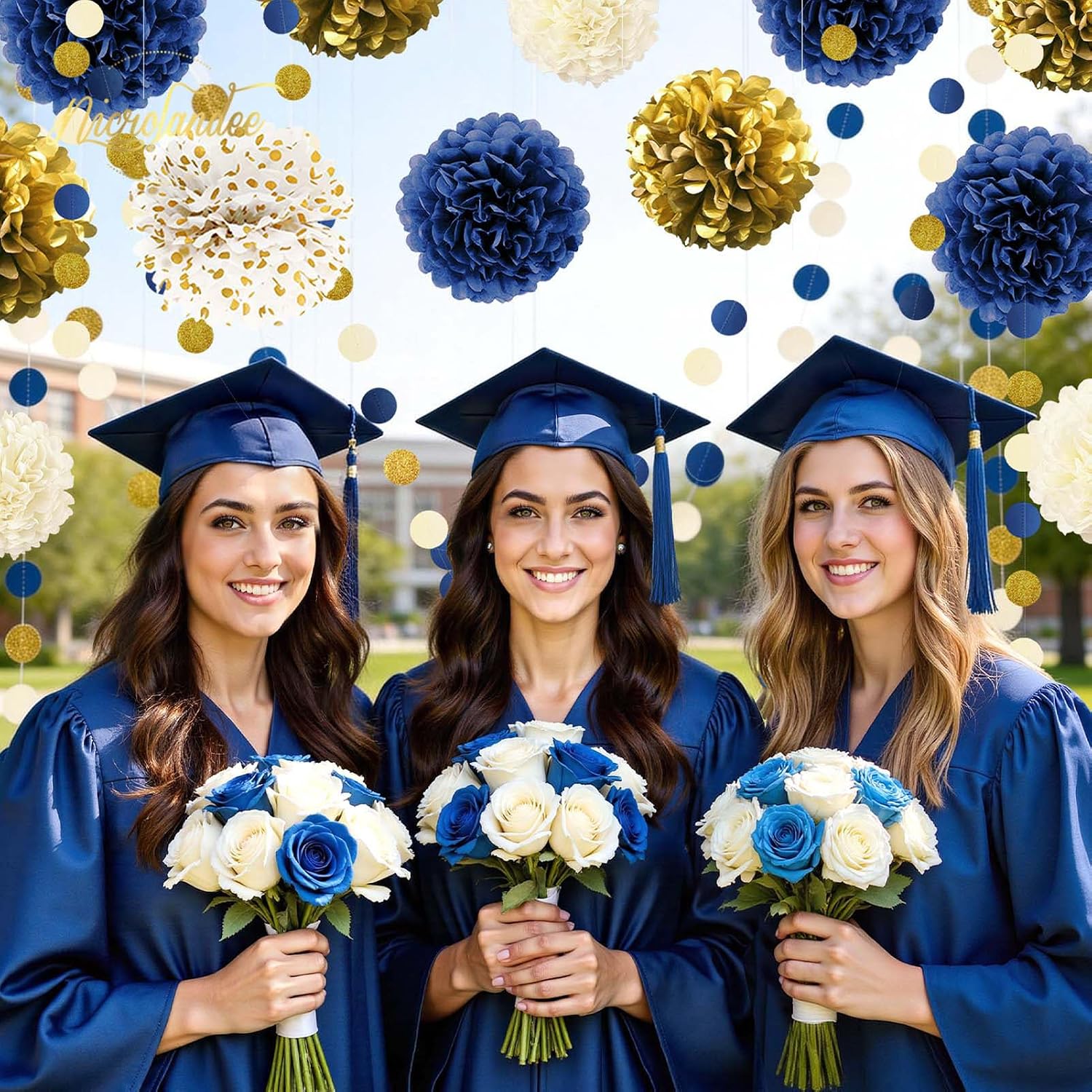 NICROLANDEE 15 PCS Navy Blue Gold Tissue Paper Pom Poms for Men Birthday, Baby Bridal Shower, Wedding, Bachelorette, Graduations, Navy Blue Engagement Party Backdrop Dot Paper Decorations