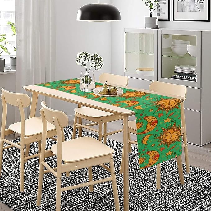 Boho Moon Table Runner, Phase of The Moon Star Sun Cartoon Pattern Table Runner for Kitchen Living Room Home Party 13x120 Inch