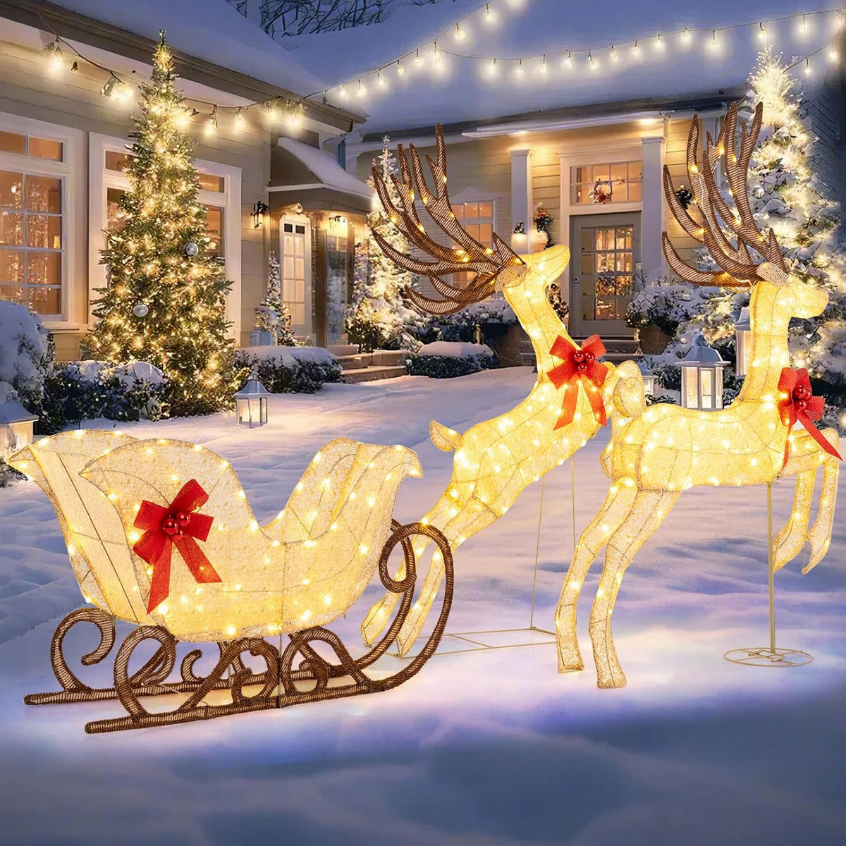 tangkula 3-piece christmas lighted reindeer & sleigh set, main product view