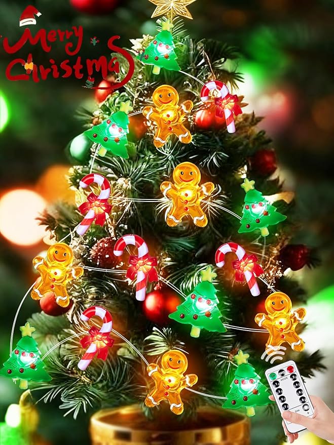 Christmas String Lights Decoration, 10ft 30LED Christmas Tree Gingerbread Man Candy Cane Fairy Lights Battery Operated with Remote, 8 Modes & Timer, Twinkle Light for Home Party Indoor Outdoor Decor