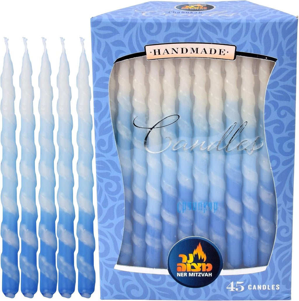 Ner Mitzvah Hanukkah Candles, Blue and White Spiral Dripless Chanukah Candle, Premium Quality Wax, 45 Candles for All 8 Nights