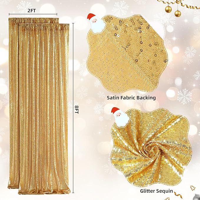 SquarePie Sequin Backdrop Curtain Not See Through Background for Wedding Party 2FT x 8FT 2P Gold