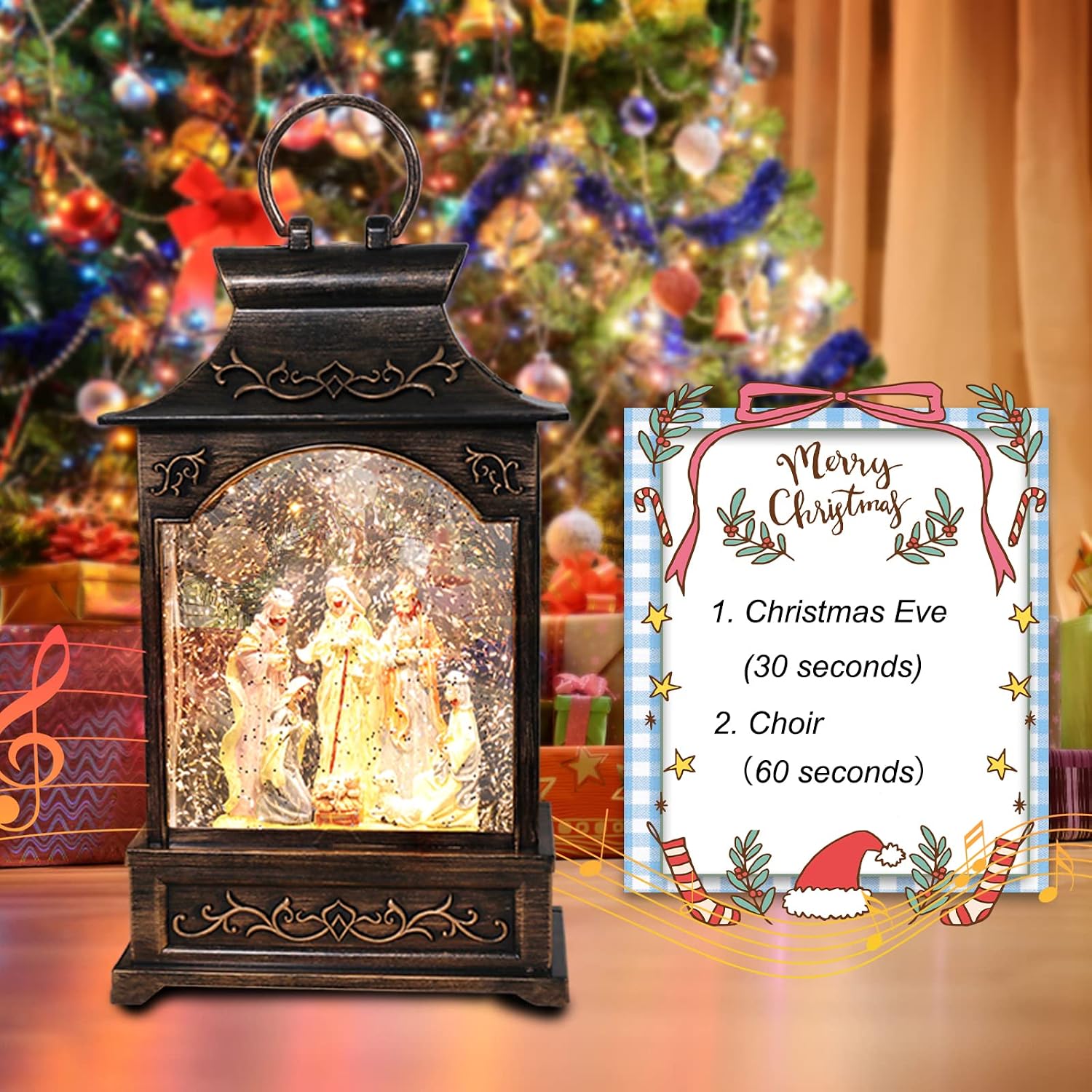 Christmas Snow Globes Musical Lantern Snow Globe Nativity Scene Water Snow Globe Glittering Portable Hanging Tabletop Decorative Lantern Christmas Home Décor and Gift