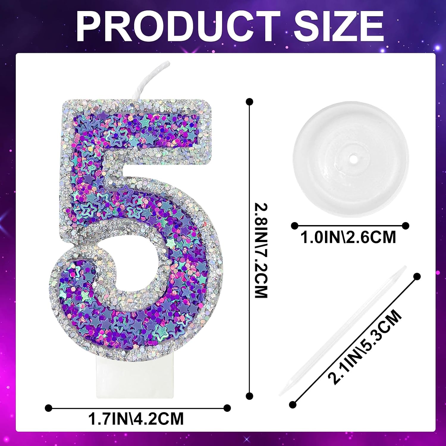 K-pop Number 5 Birthday Candle, Star Glitter Filled Number Candle, Purple Silver Fantasy Cake Topper for Birthday Party Decoration