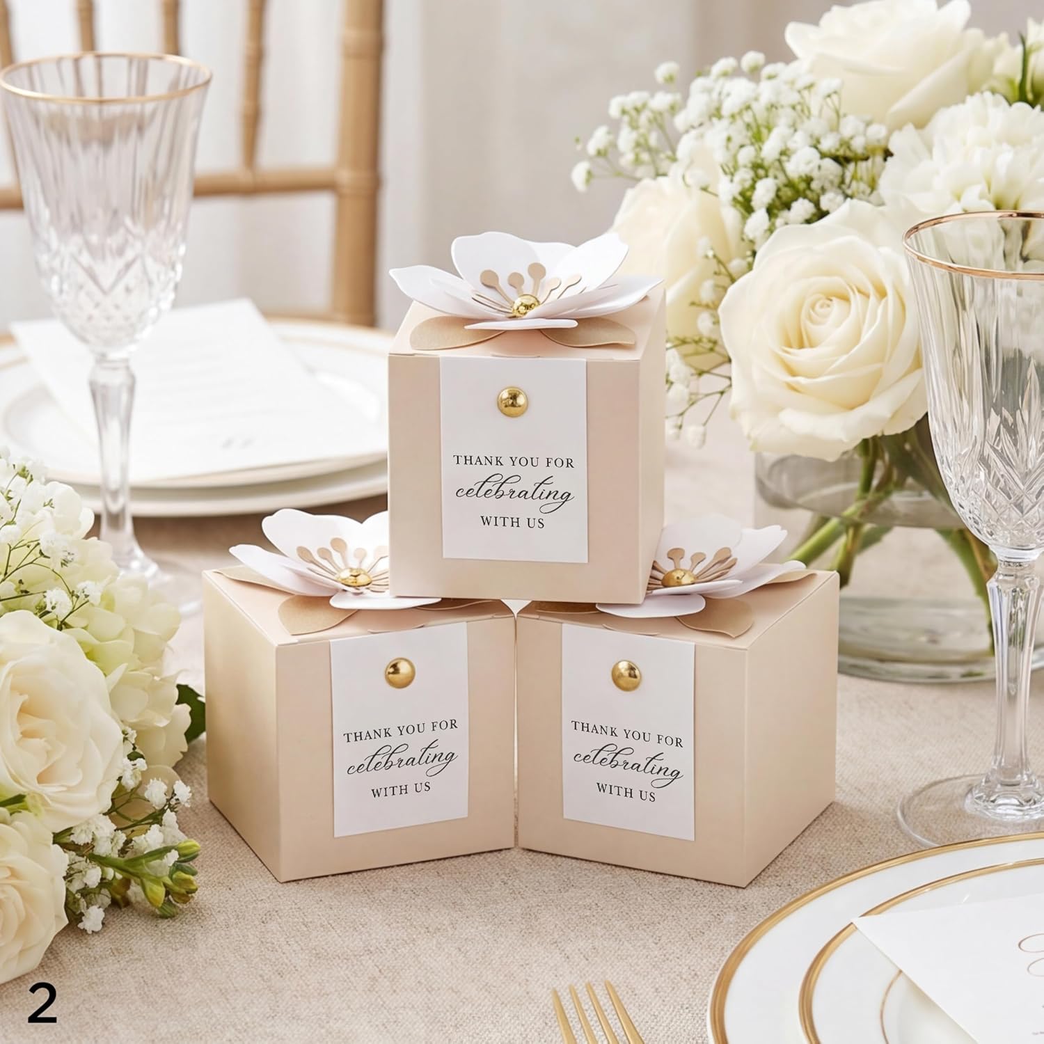 FEIYI 20 PCS Champagne Favor Boxes, 3 In 1 Candy Box with Floral Decor, White Thank You Tags Gift wrapping for Wedding Birthday Baby Shower Decorations Party -2.55x2.55x2.55 inches