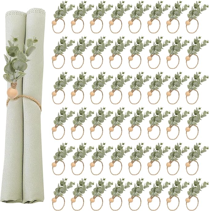 Defined Deco Napkin Rings - Set of 100, Rustic Farmhouse Boho Green Leaf Wooden Napkin Rings for Spring Summer, Thanksgiving Christmas, Wedding Table Decor