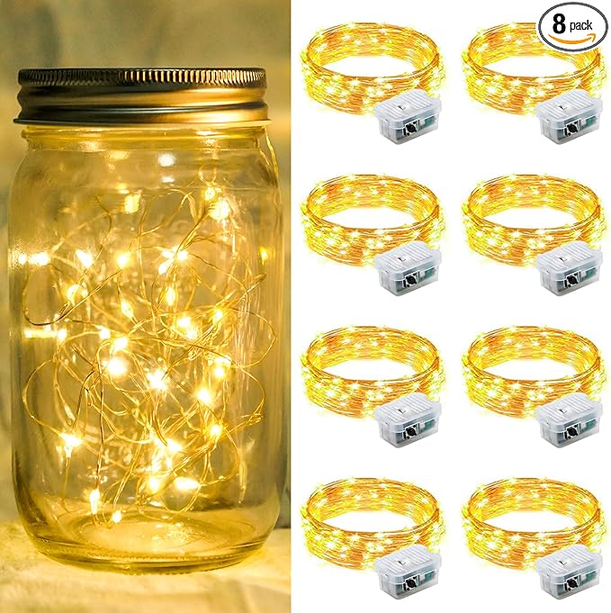 8 Pack Fairy Lights 7Ft 20 LED Twinkle String Lights 3 Modes Battery Operated Waterproof Firefly Starry for Mason Jar Party Wedding Christmas Valentines Day Table Centerpieces,Warm White