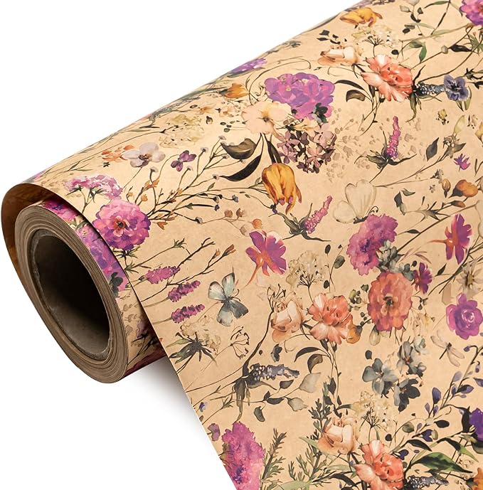 WRAPAHOLIC Kraft Floral Wrapping Paper Roll - Mini Roll - 17 Inch x 16.5 Feet - Garden Wildflower Wrapping Paper Perfect for Girls Women Birthday, Wedding, Bridal Shower