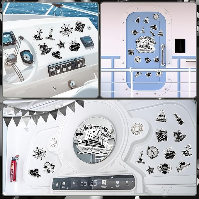 Happy Anniversary Cruise Door Magnets Decorations,Black Silver Happy Anniversary Cruise Ship Door Decor Magnetic for Married Men Women Wedding Party Refrigerator Fridge Car Kitchen Garage Personalized