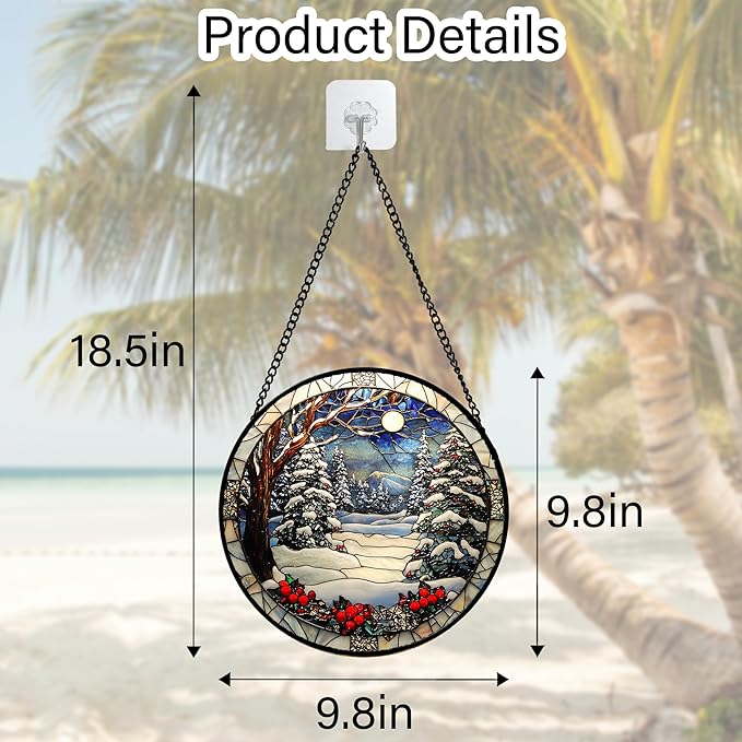 Stained Glass Window Hanging Christmas Tree Winter Snow Night Scenery 9.8" - Suncatcher Door Garden Kitchen Sun Catcher Home Decor Birthday for Mom Men Woman Friend