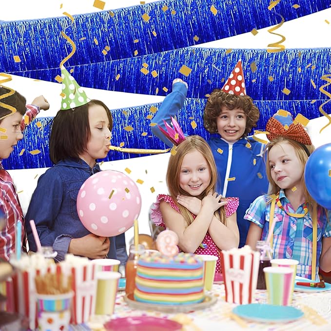 Blue Foil Fringe Garland 10FT 2packs, Metallic Foil Tinsel Fringe Banners for Parade Float Decorations Wedding, Birthday Party Graduation (Two Blue)