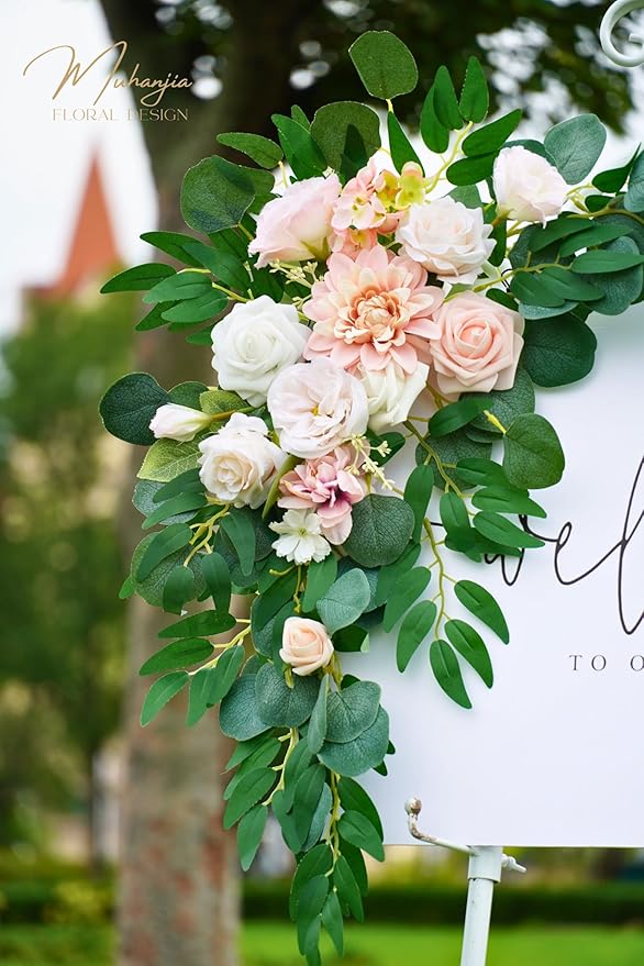 Wedding Sign Faux Flower Swag (Pack of 2) for Ceremony Party Reception Entrance Floral Decor Wall Easel Stand for Wedding Poster Welcome Sign (Pink)