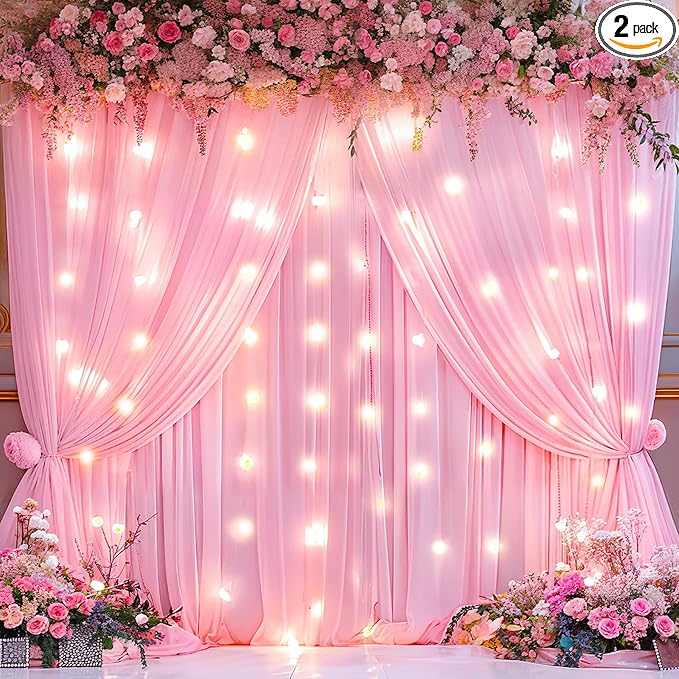 Pink Backdrop Curtains with Lights for Parties,10x10FT Wrinkle Free Polyester Wedding Photo Backdrop Curtains for Baby Shower Birthday Ceremony Reception Home Party Decorations-5ft x 10ft,2 Panels