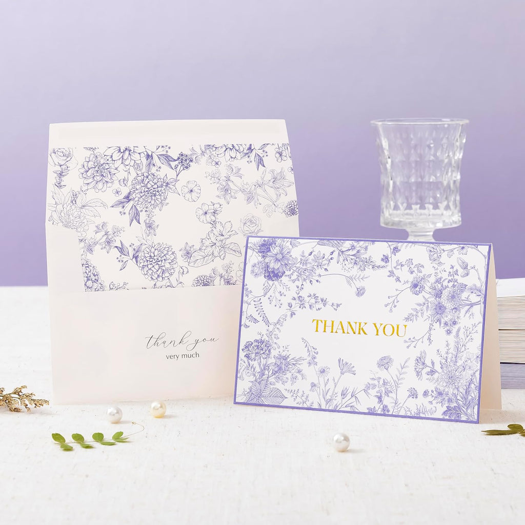 Crisky Purple Floral Thank You Cards with Envelopes, 50 Pack Lavender Wedding Thank You Notes Bulk for Bridal Shower Baby Shower Business Graduation, All Occasion