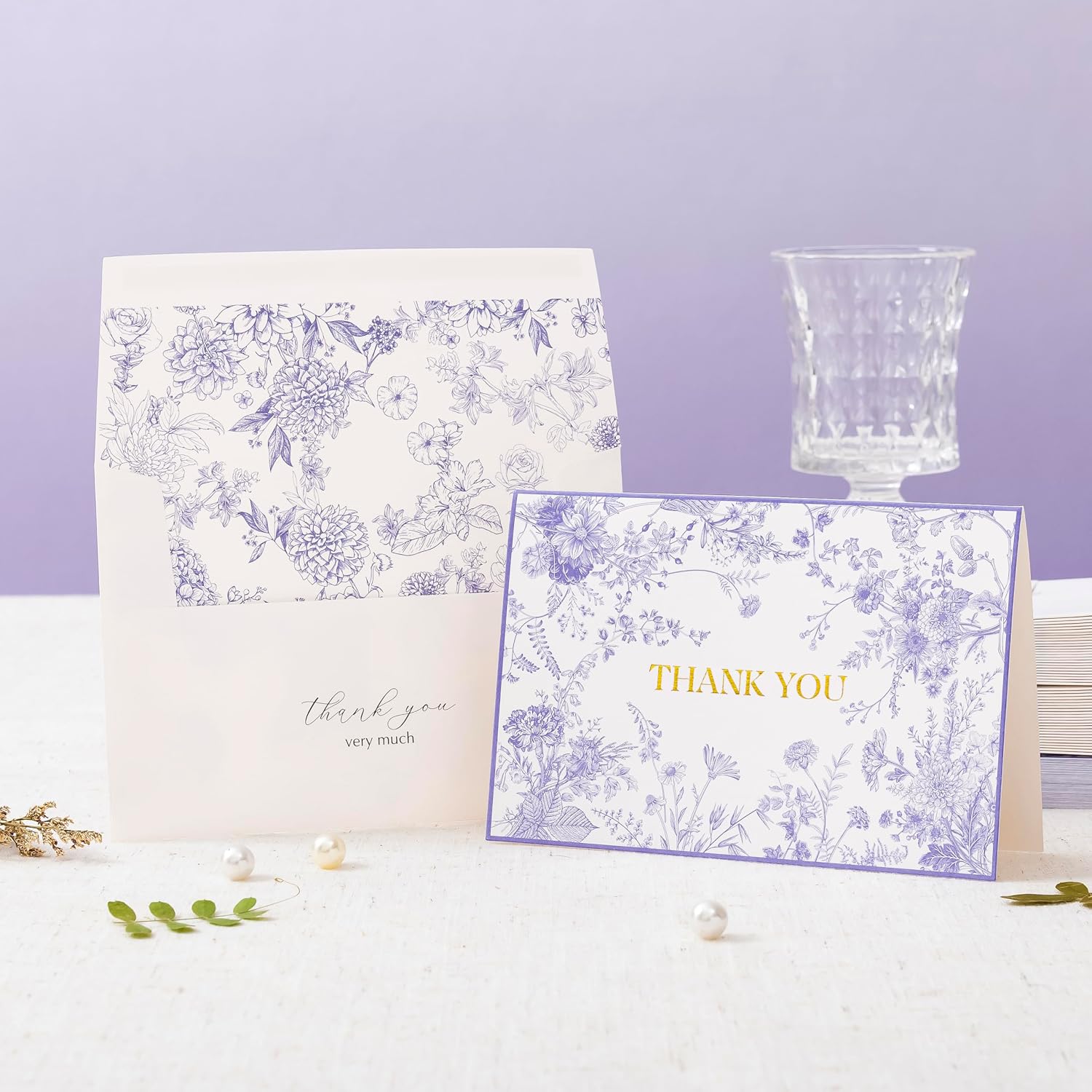 Crisky Purple Floral Thank You Cards with Envelopes, 50 Pack Lavender Wedding Thank You Notes Bulk for Bridal Shower Baby Shower Business Graduation, All Occasion
