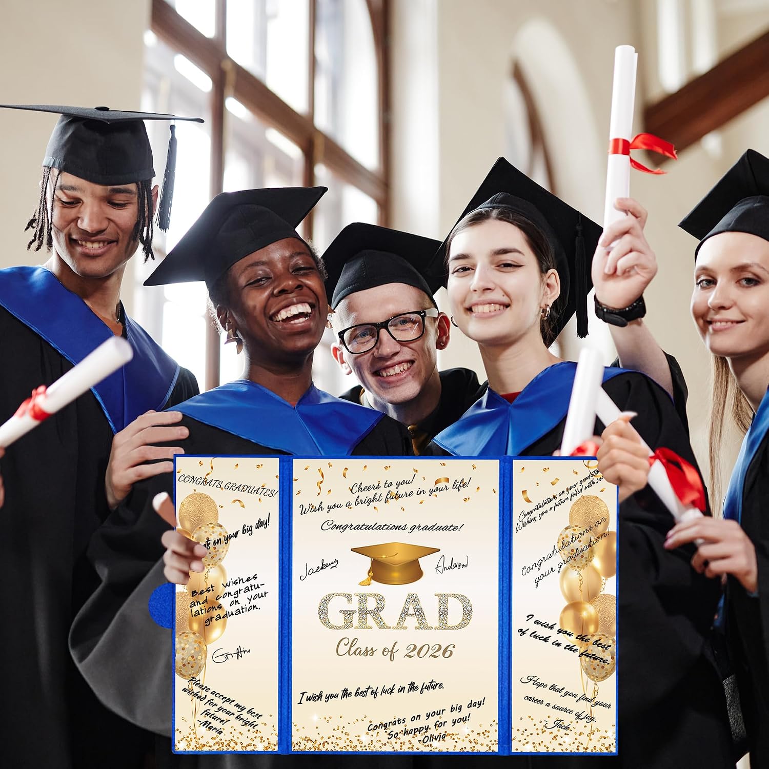 DARUNAXY Blue Gold Graduation Party Decorations, Blue Class of 2026 Congratulations Graduates Alternative Signature Guest Book for Men Happy Graduation Gifts Congrats Grad Party Signing Card Board
