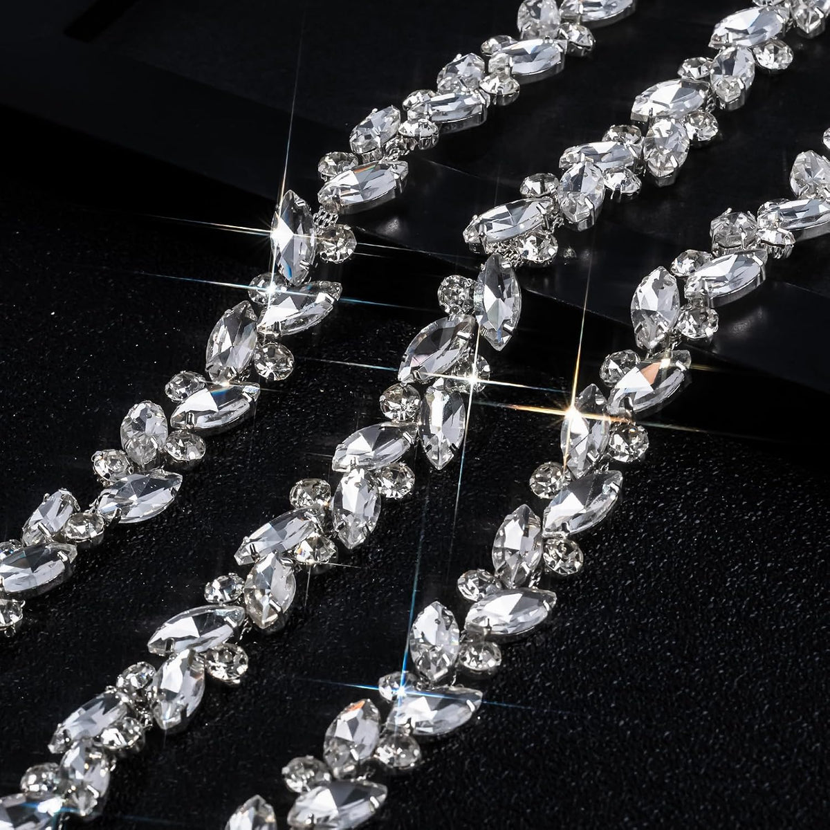 5 yards silver base crystal rhinestones trim set shown in use