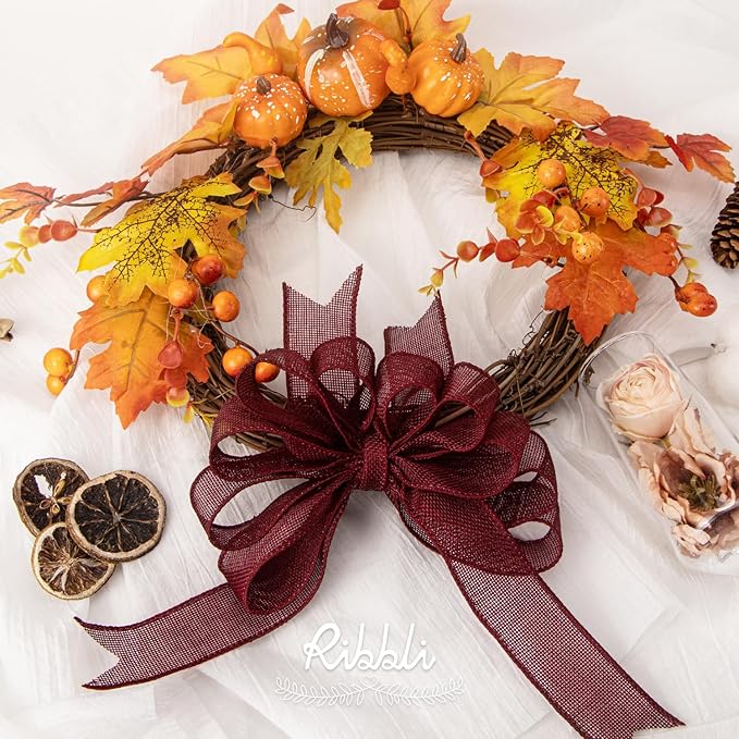 Ribbli Burgundy Burlap Wired Ribbon,1-1/2 Inch x 10 Yard, Wired Edge Ribbon for Big Bow,Wreath,Tree Decoration,Outdoor Decoration