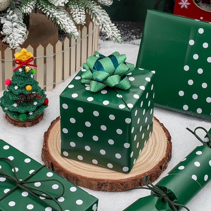 Flyhill Green Wrapping Paper Roll,Reversible Gift Wrap Paper with Polka Dot Design for Birthday,Christmas,Holiday,Party(17 Inch X 32.8 Feet)