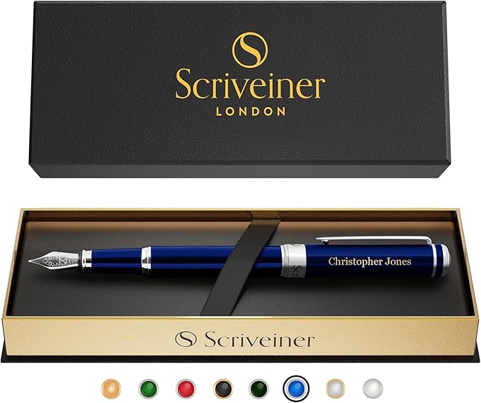 Scriveiner Personalized Midnight Blue Pen - Stunning Blue Lacquer Luxury Pen, Chrome Finish, German Schmidt Nib (Medium), Best Engraved Fountain Pen Gift Set for Men & Women, Name Engraving